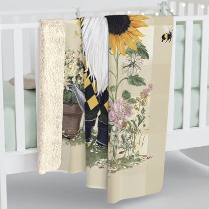Fall Sunflower Gnome Sherpa Fleece Blanket with Bee and Gnome Design, Gift for Garden Lovers, Autumn Decor, Snuggle Companion