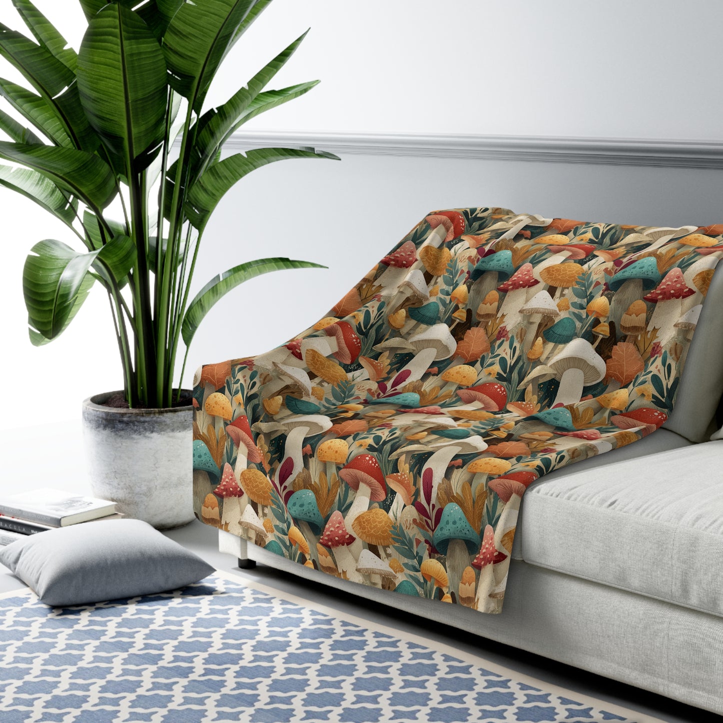Cozy Mushroom Pattern Sherpa Fleece Blanket | Perfect for Fall, Home Décor, Gift for Nature Lovers, Cozy Nights, Outdoor Adventures