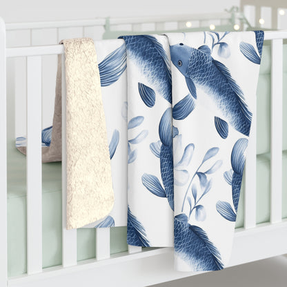 Sherpa Fleece Blanket - Quaint Blue Koi Pattern