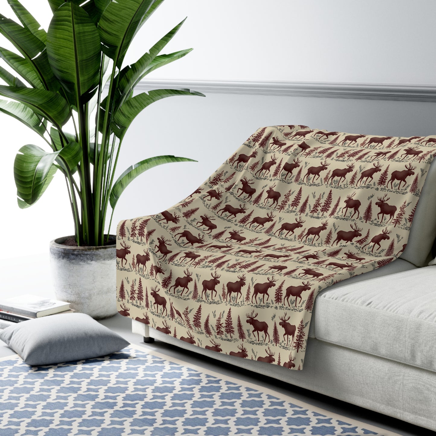 Cozy moose Pastern Sherpa Fleece Blanket | Warm Throw for Winter, Outdoor Adventures, Camping, Holidays, Home Decor