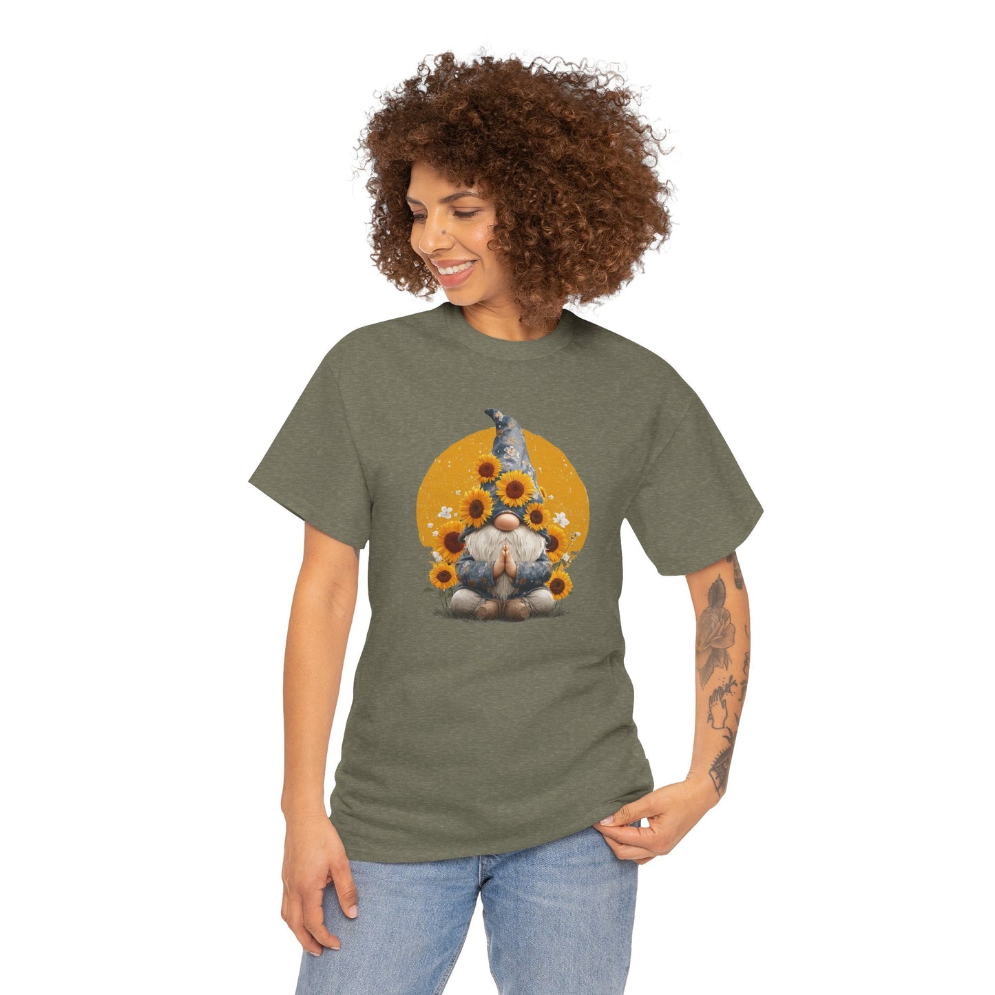 Sunflower and Yoga Gnome Unisex Heavy Cotton Tee - Boho Style, Eco-Friendly Apparel, Casual Wear, Unique Art Tee