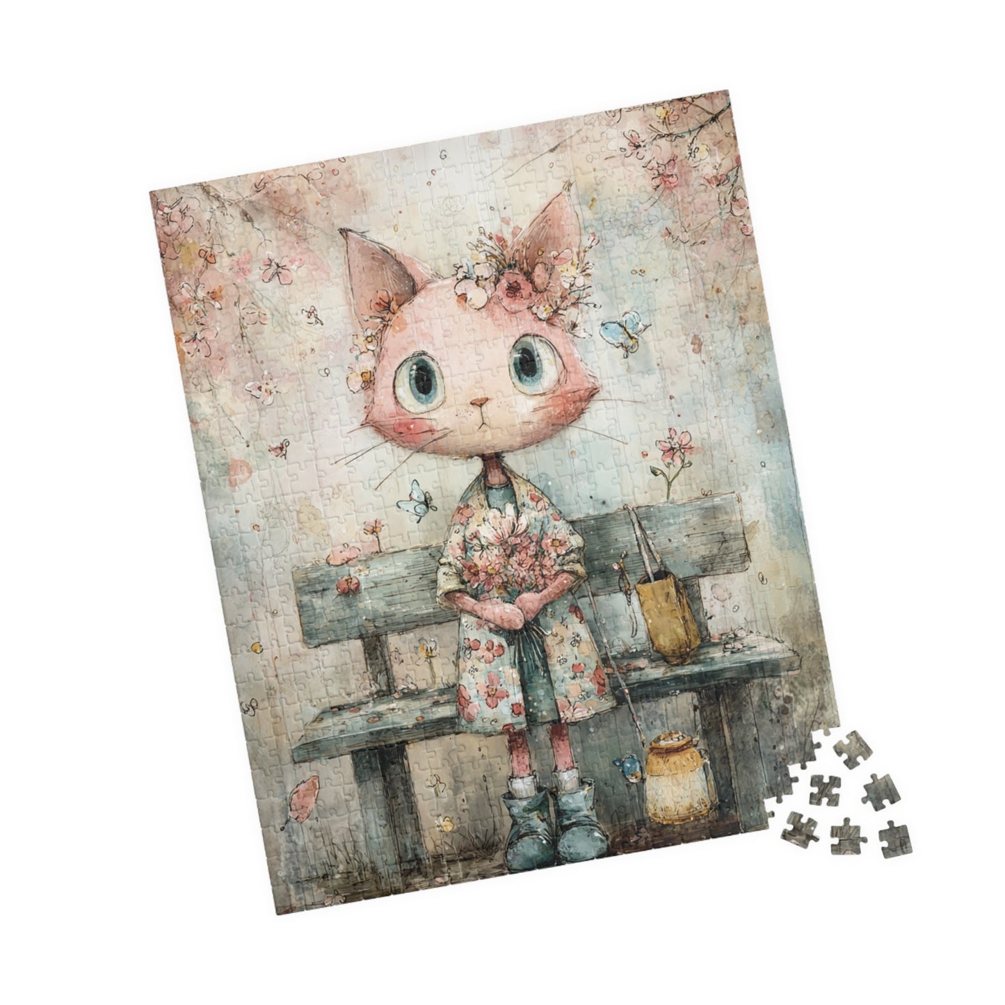 Cat-Themed Puzzle with Floral Design, Perfect Gift for Cat Lovers, Family Game Night, Relaxation Activity, Home Decor