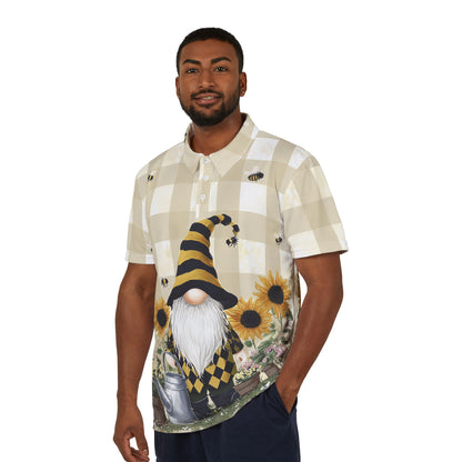 Whimsical Gnome Polo Shirt, Unisex Summer Shirt, Bee & Sunflower Print, Casual Garden Attire, Unique Gift for Garden Lovers