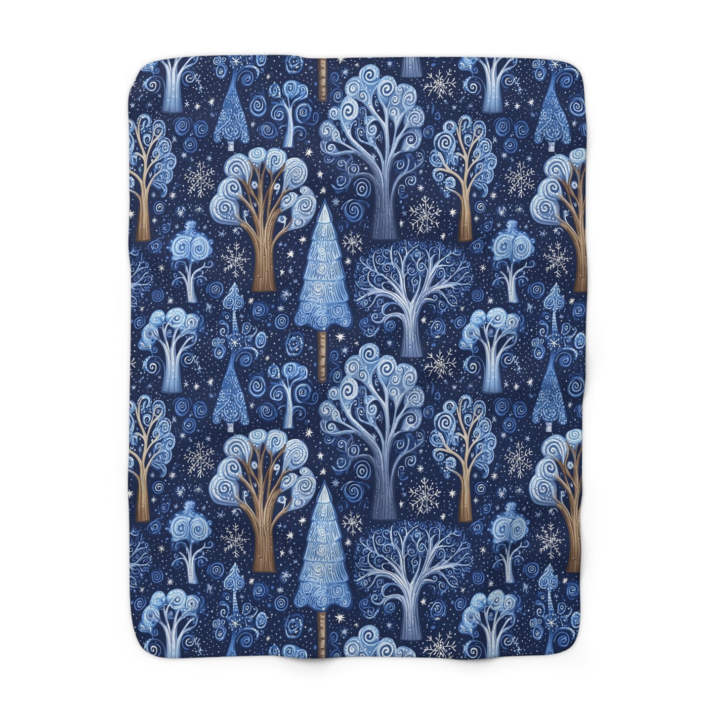 Sherpa Fleece Blanket - Dreamy Blue Starry Night Midnight Trees Design