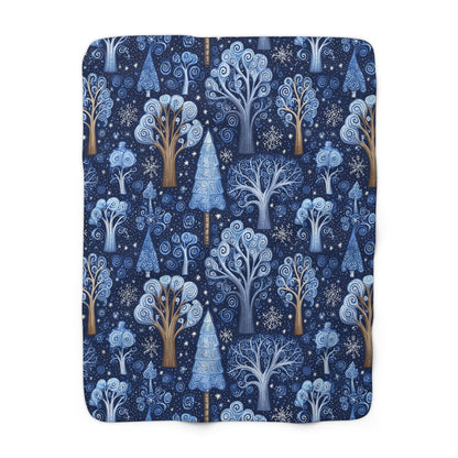 Sherpa Fleece Blanket - Dreamy Blue Starry Night Midnight Trees Design