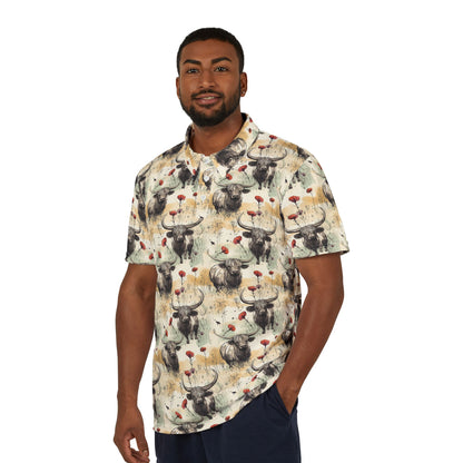 Retro Grunge Highland Cow Pattern Unisex Polo Shirt, Casual Summer Wear