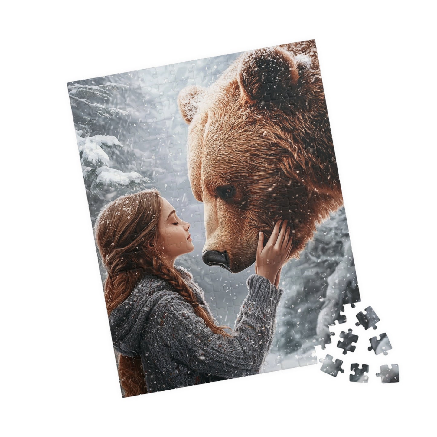 Nature-Inspired Puzzle, Wildlife Puzzle, Bear and Girl Artwork, Eco-Friendly Gift, Family Activity, Snowy Scene Decor