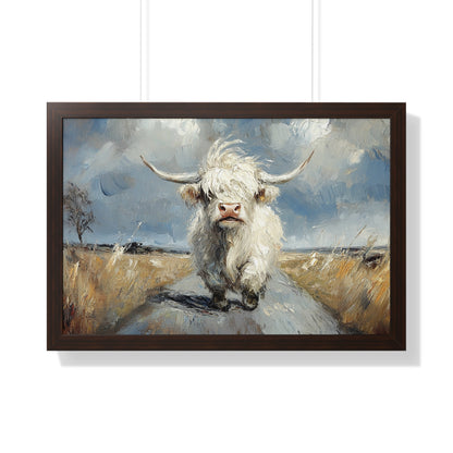 Poster - Cute White Highland Cow Running Down Road Escapee