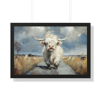Poster - Cute White Highland Cow Running Down Road Escapee