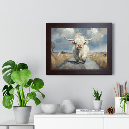 Poster - Cute White Highland Cow Running Down Road Escapee