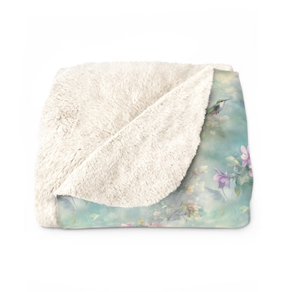 Sherpa Fleece Blanket - Soft Turquoise Hummingbirds