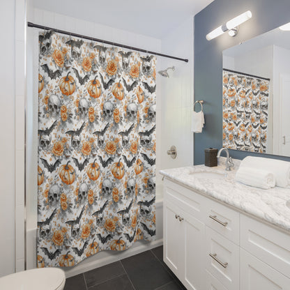Spooky Floral Shower Curtain with Skulls and Pumpkins, Halloween Decor, Bathroom Accessory, Gift for Halloween Lovers