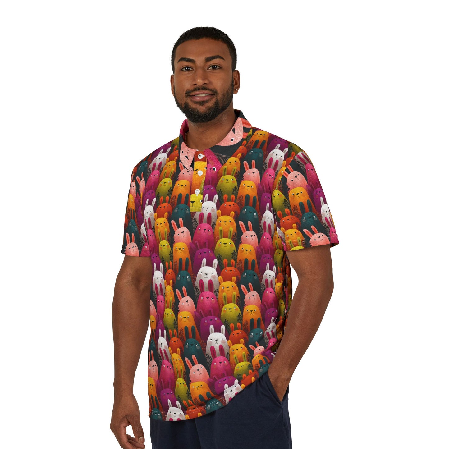 Colorful Bunny Pattern Unisex Polo Shirt, Fun Casual Wear, Animal Lover Shirt