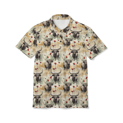 Retro Grunge Highland Cow Pattern Unisex Polo Shirt, Casual Summer Wear