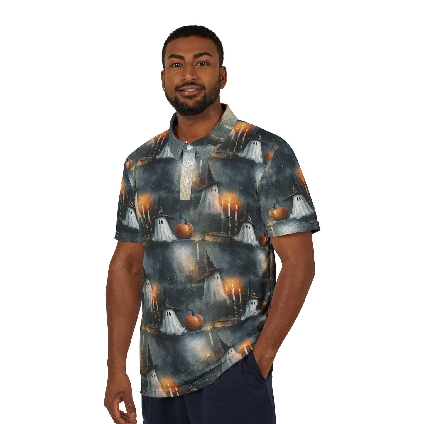 Spooky Halloween Polo Shirt, Ghost Pattern Tee, Unisex AOP Shirt, Festive Autumn Apparel, Unique Holiday Gift