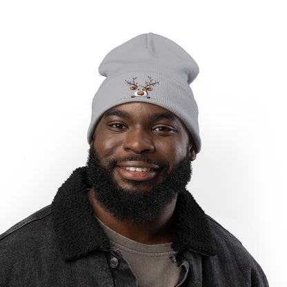 Beanie Hat - Peeking Rudolf with Christmas Lights Embroidered