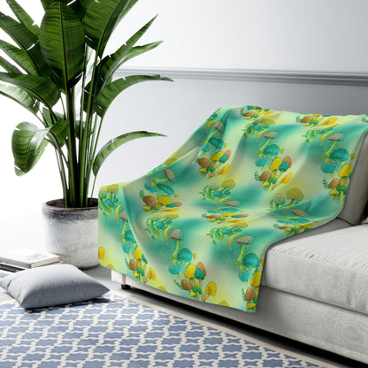 Sherpa Fleece Blanket - Electric Green Mushroom Pattern
