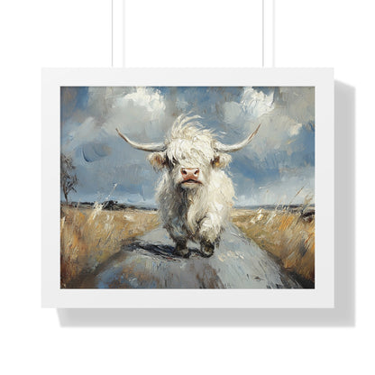 Poster - Cute White Highland Cow Running Down Road Escapee