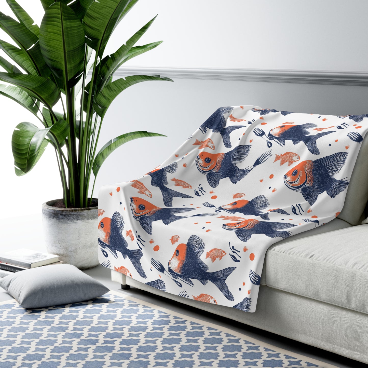 Cozy Fish Pattern Sherpa Fleece Blanket, Warm Throw Blanket, Home Decor, Gift for Fish Lovers, Snuggle Blanket, Nursery Blanket