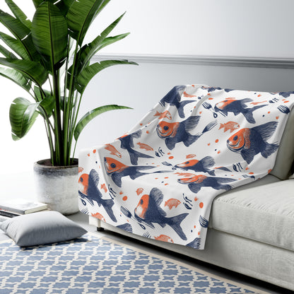 Cozy Fish Pattern Sherpa Fleece Blanket, Warm Throw Blanket, Home Decor, Gift for Fish Lovers, Snuggle Blanket, Nursery Blanket