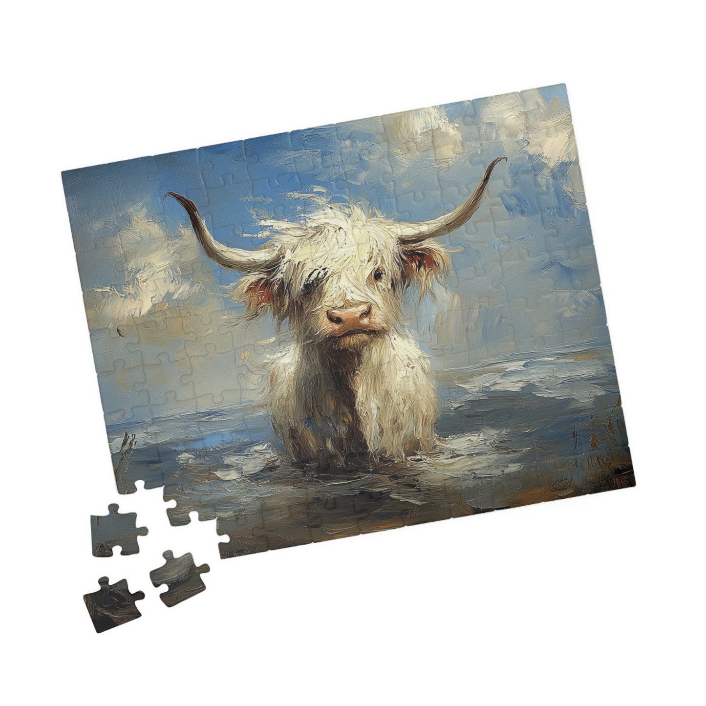 Puzzle - White Baby Highland Cows Beach Day Design