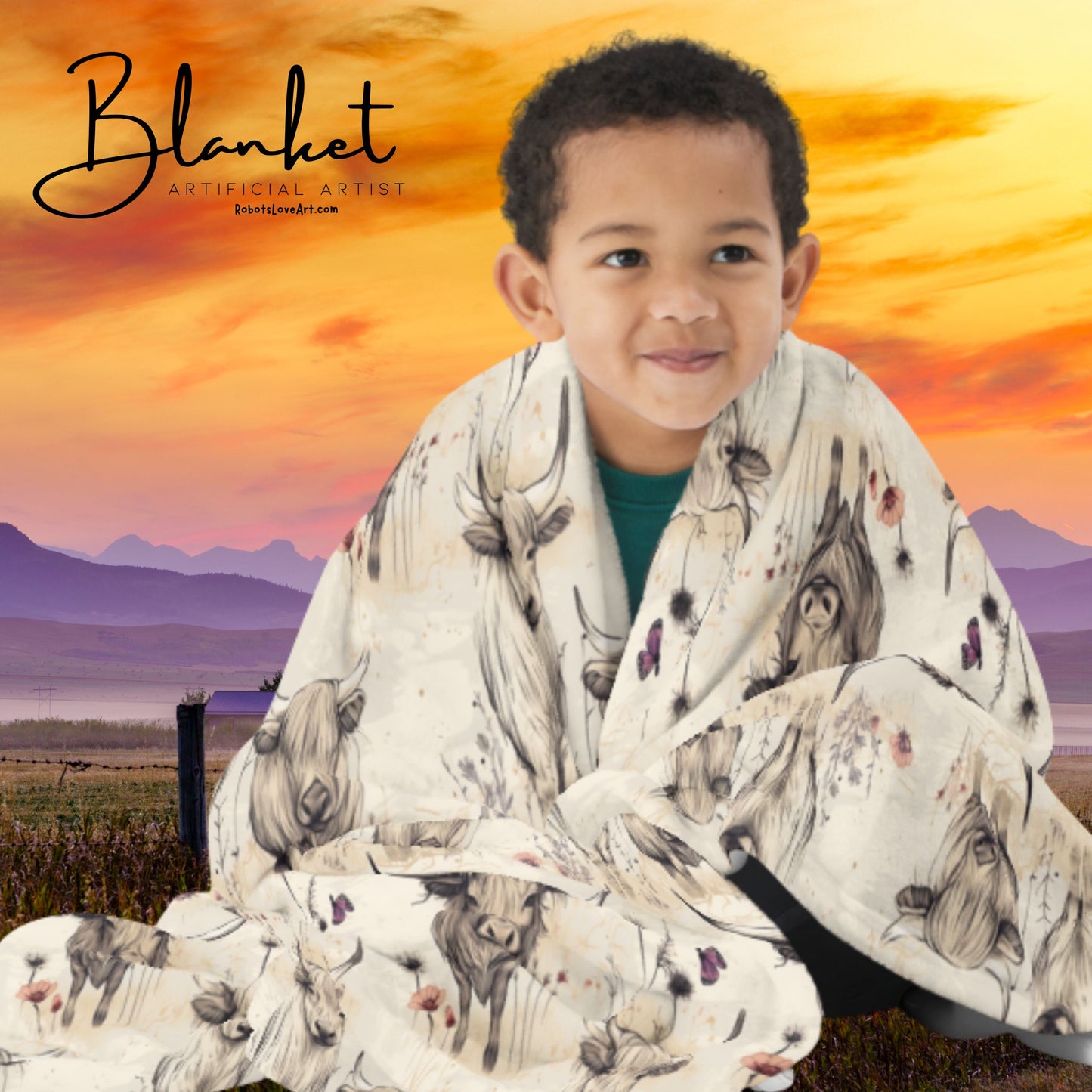 Girl Grunge Country Highland Cow Pattern Throw Blanket | 2 Sizes