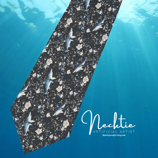 Blue Floral Sharks on Black Background Necktie | Unique Gift for Men | Office Wear, Formal Events, Weddings