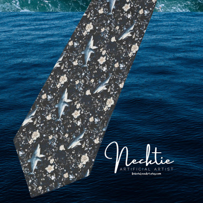 Blue Floral Sharks on Black Background Necktie | Unique Gift for Men | Office Wear, Formal Events, Weddings