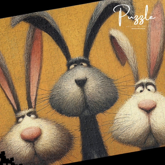Puzzle - 3 Funny Rabbit Friends on Burnt Orange Background
