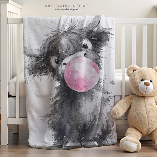 Adorable Baby Highland Cow Bubblegum Velveteen Throw Blanket