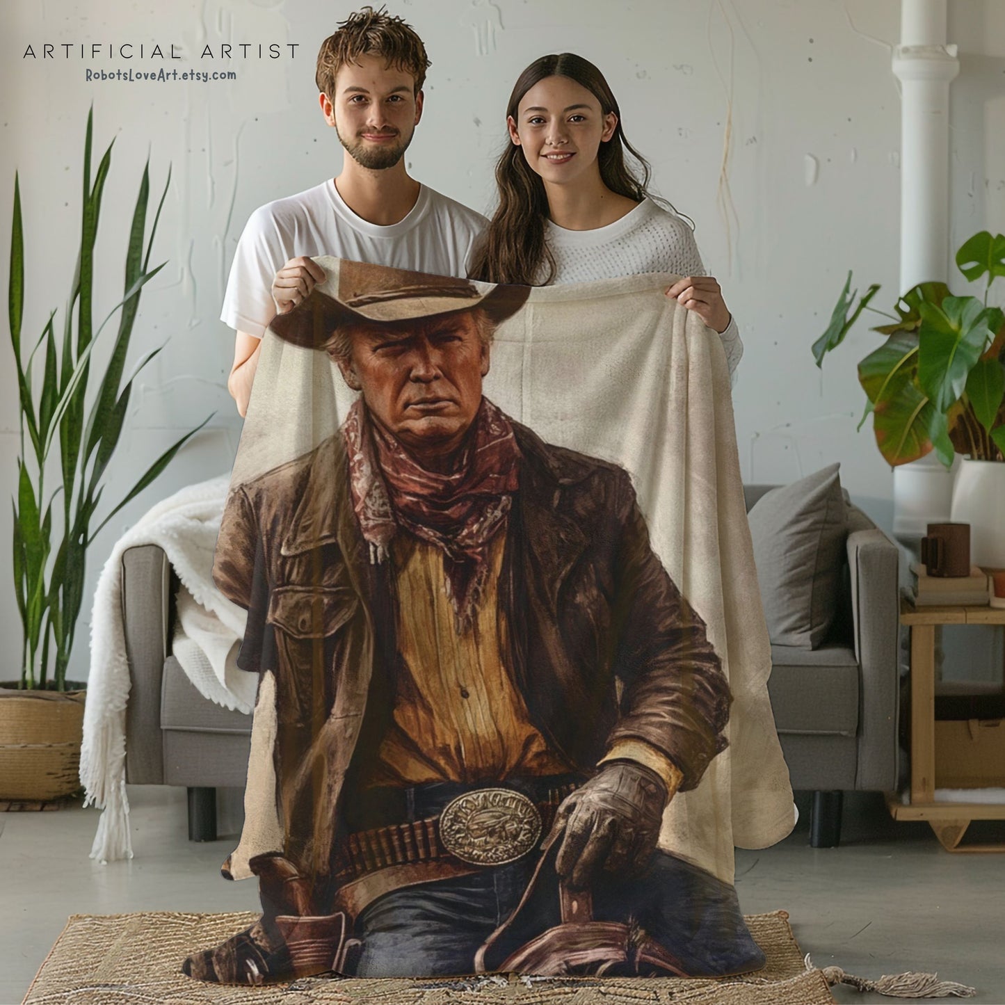 Velveteen Plush Blanket - President Trump as John Wayne Cowboy