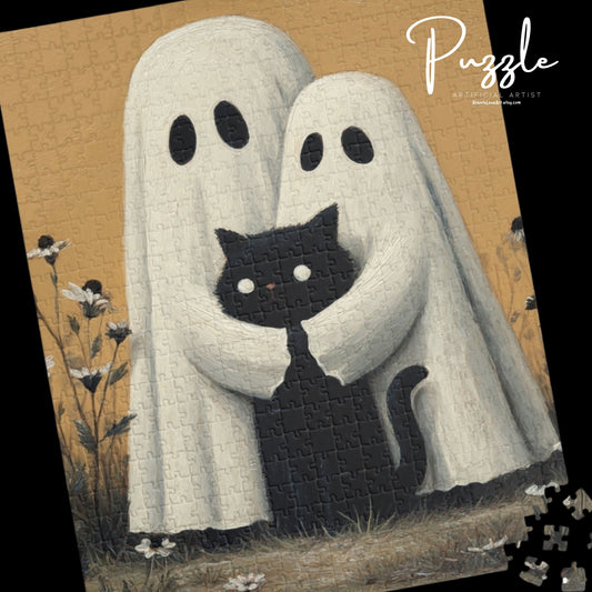 Ghosts Protecting Black Cat Puzzle - 110, 252, 520, 1014-piece, Perfect for Halloween, Cozy Nights, Family Fun
