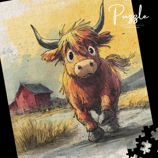 Baby Highland Cow Running on the Farm Puzzle - Fun Family Game, Educational Activity, Rainy Day Activity