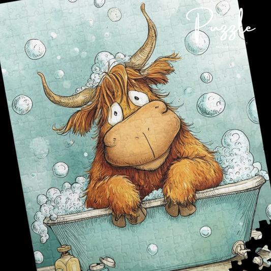 Jigsaw Puzzle of a Illustrated Highland Cow Taking a Bath