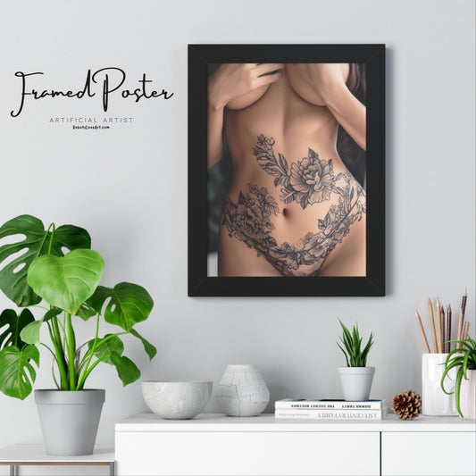 Topless Tattoo Floral Body Art Framed Vertical Poster | Tattoo Art Decoration