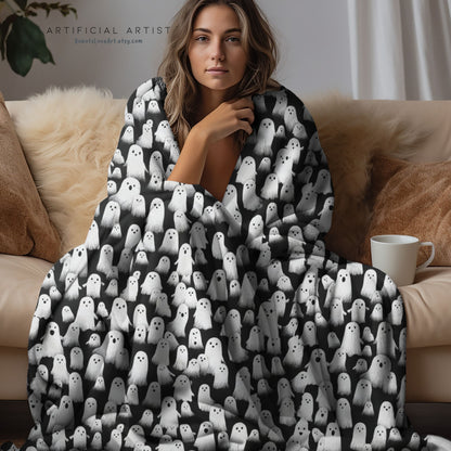 Ghostly Velveteen Plush Blanket for Cozy Nights, Halloween Decor, Gift Idea, Soft Throw Blanket, Living Room Accessory