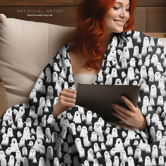 Ghostly Velveteen Plush Blanket for Cozy Nights, Halloween Decor, Gift Idea, Soft Throw Blanket, Living Room Accessory