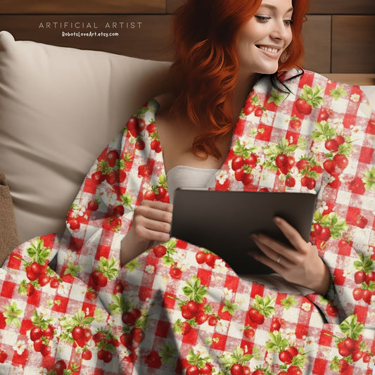 Cozy Strawberry Picnic Velveteen Plush Blanket, Soft Throw Blanket, Home Decor, Gift for All Occasions, Cozy Living Room Accessory