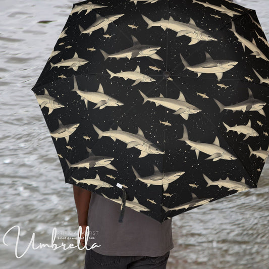 Shark Print Foldable Umbrella | Waterproof Travel Umbrella, Compact Beach Umbrella, Unique Shark Decor, Gift for Cyclists, Stylish Umbrella