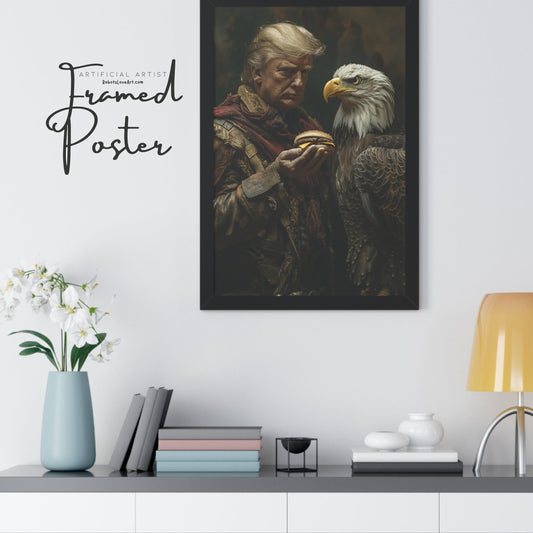 Donald Trump Framed Vertical Poster - Patriotic Wall Art, American Decor, Unique Gift, Home Office Decor, Eagle & Burger Design