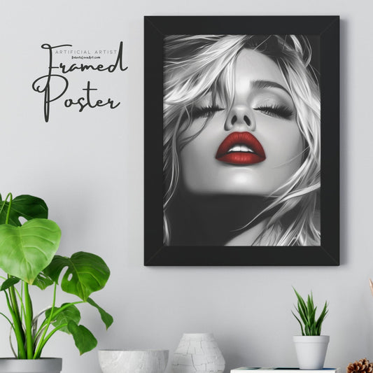 Chic Framed Vertical Poster with Bold Red Lips, Art Print for Glam Decor, Fashion Wall Art, Bedroom Decoration, Elegant Gift Idea