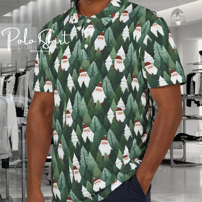 Festive Woodland Santa Polo Shirt, Christmas Gift Polo, Casual Holiday Shirt