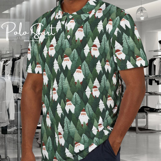 Festive Woodland Santa Polo Shirt, Christmas Gift Polo, Casual Holiday Shirt