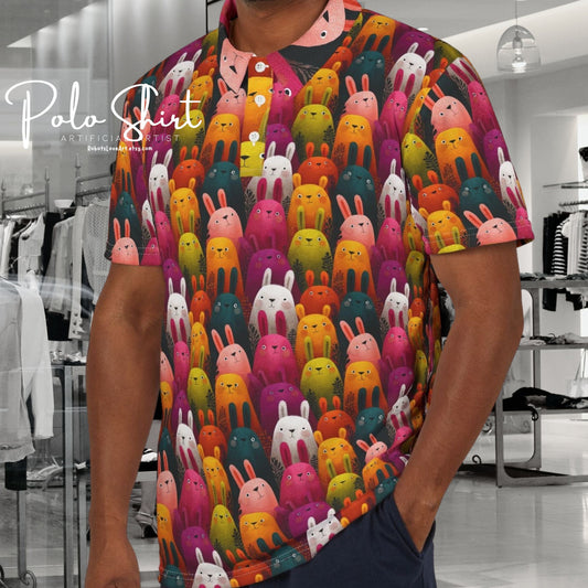 Colorful Bunny Pattern Unisex Polo Shirt, Fun Casual Wear, Animal Lover Shirt