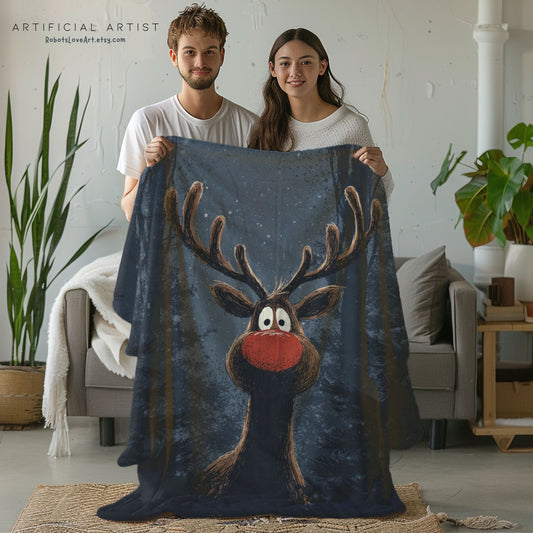 Cozy Holiday Rudolf Plaid Velveteen Plush Blanket, Perfect Gift for Christmas