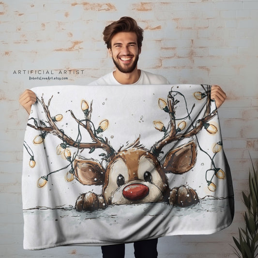 Cozy Holiday Plush Blanket, Super Soft Throw for Christmas, Cute Reindeer Design, Gift for Kids