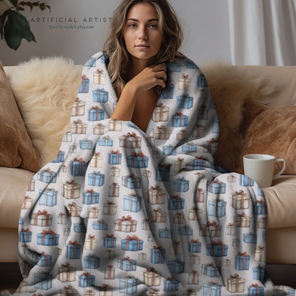 Cozy Gift-Themed Velveteen Plush Blanket, Christmas Blanket, Holiday Home Decor, Gifts for Her