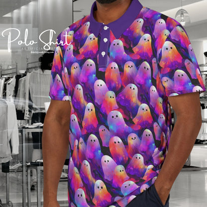 Vibrant Ghosts Unisex Polo Shirt, Colorful Summer Tee, Trendy Casual Wear, Unique Gifts, Halloween Style, Fun Outdoor Shirt