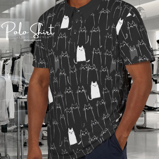 Black Cat Pattern Unisex Polo Shirt, Casual Style, Cat Lovers Gift, Unique Apparel, Pet Owner Fashion, Perfect for Parties