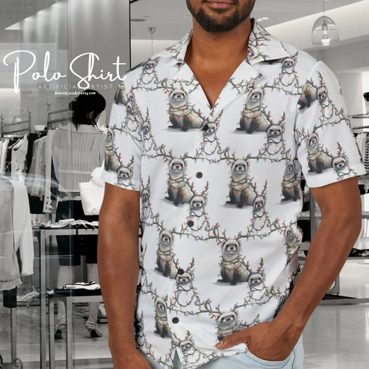 Men's Hawaiian Camp Shirt - Otter Xmas Lights Pattern